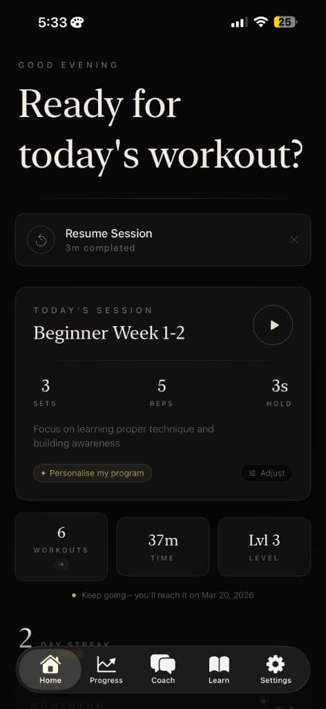 KegelFit home screen